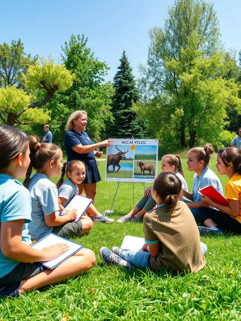 A photograph of ACCA VELZIC members conducting an educational workshop for local schoolchildren about wildlife conservation and responsible hunting practices.