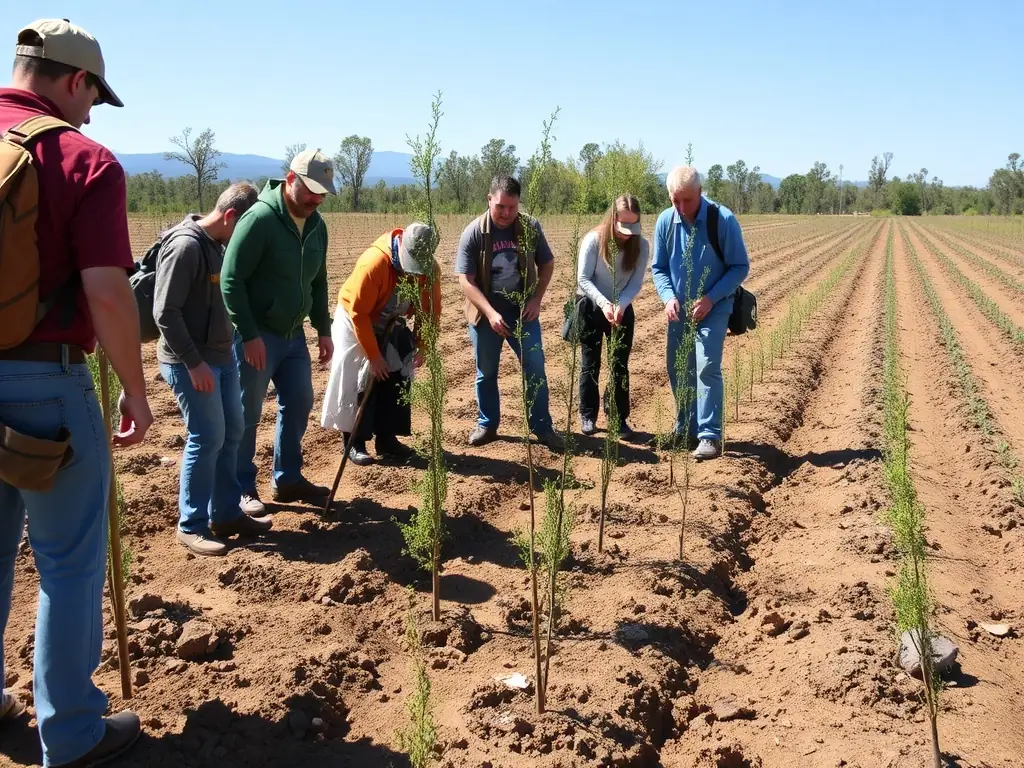 An image of a group of volunteers planting trees in a deforested area, illustrating ACCA VELZIC's commitment to habitat restoration.
