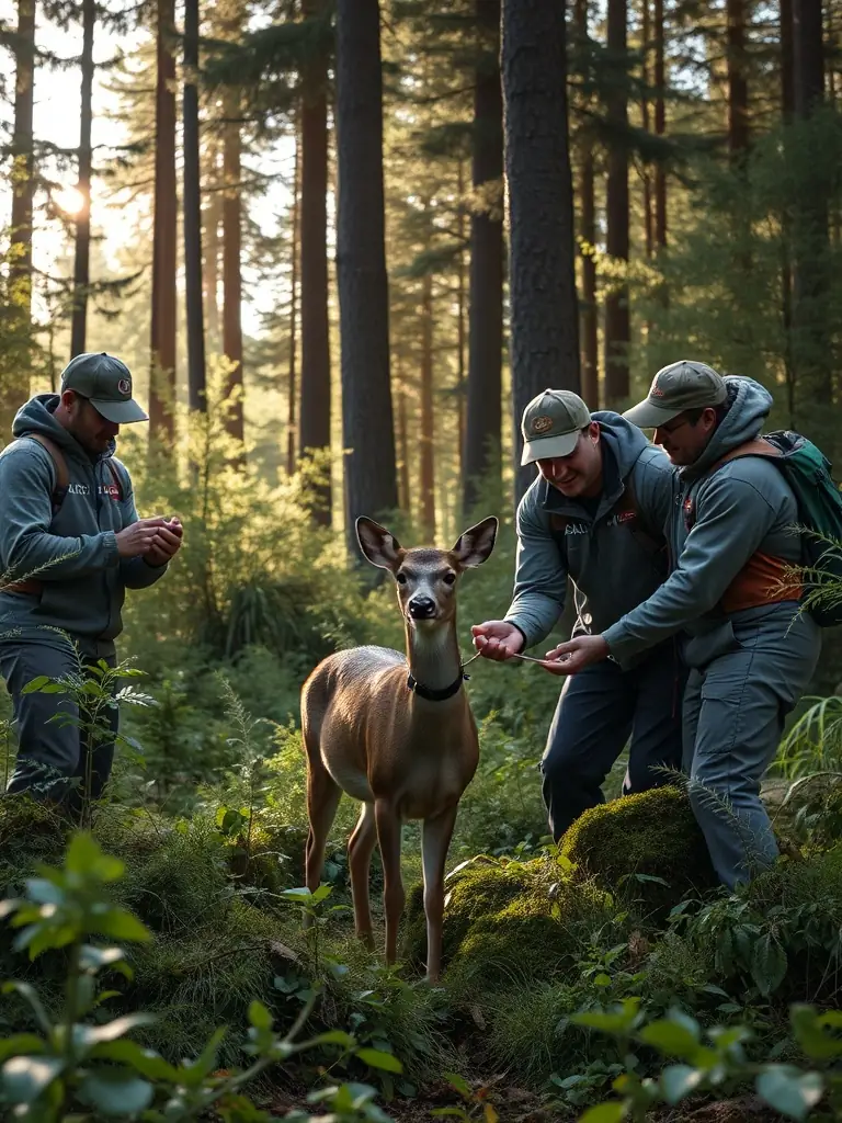 A photograph of a group of ACCA VELZIC members releasing a rehabilitated deer back into its natural habitat in the forests of Velzic, showcasing wildlife population management.