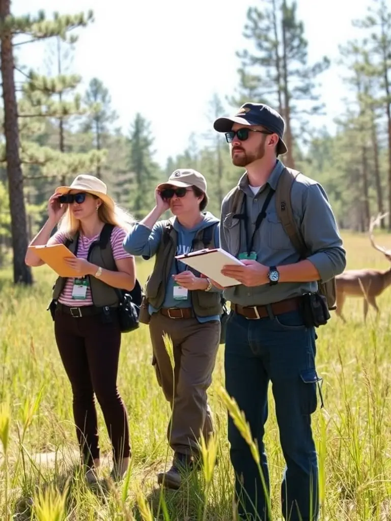 A photograph depicting ACCA VELZIC members conducting a wildlife census in a local forest, using binoculars and notebooks to record observations. The scene should convey a sense of scientific rigor and dedication to wildlife monitoring.