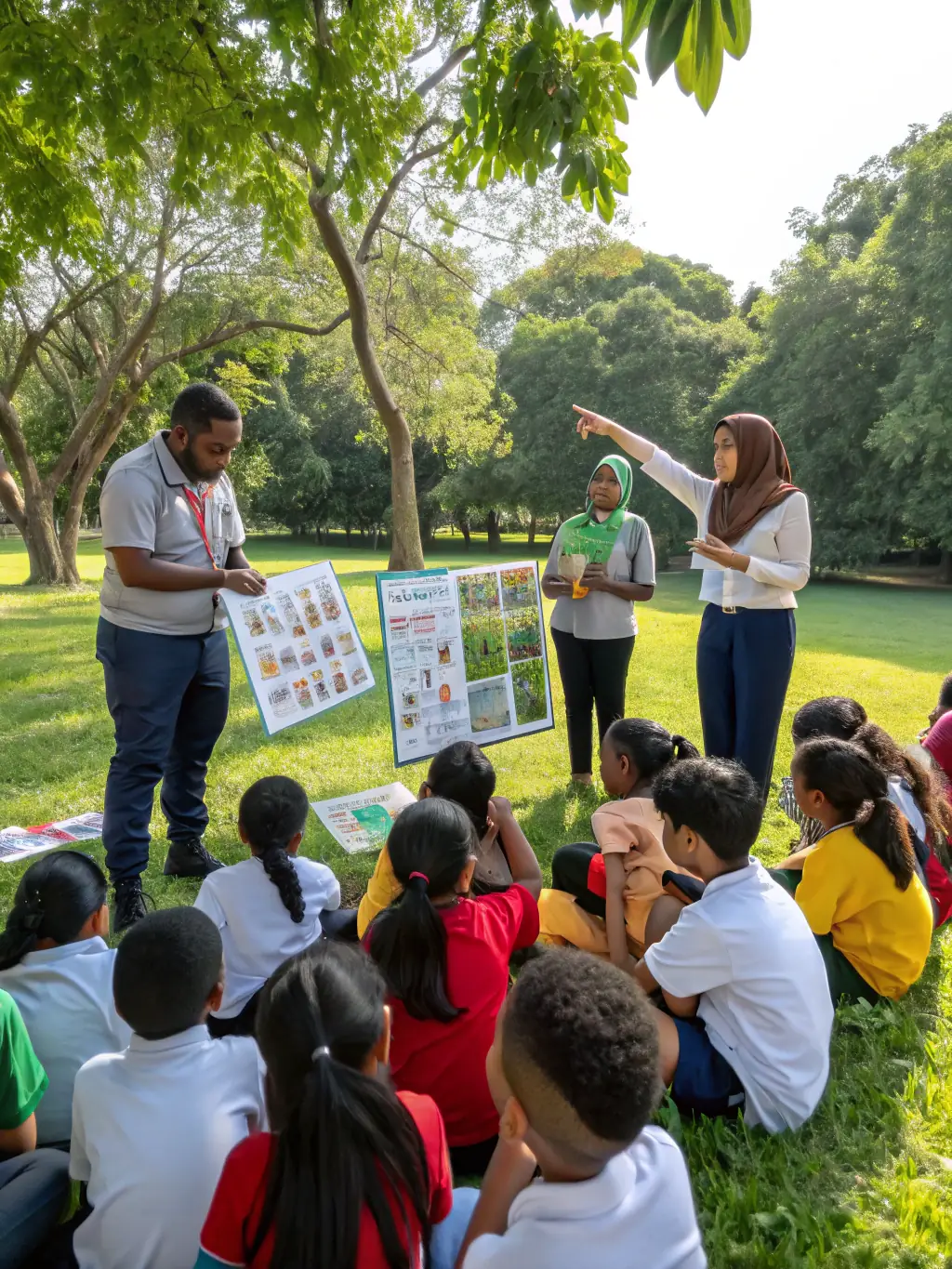 A photograph of ACCA VELZIC staff leading a workshop for local schoolchildren on wildlife conservation, with educational materials and interactive activities visible. The scene should convey a sense of community engagement and education.