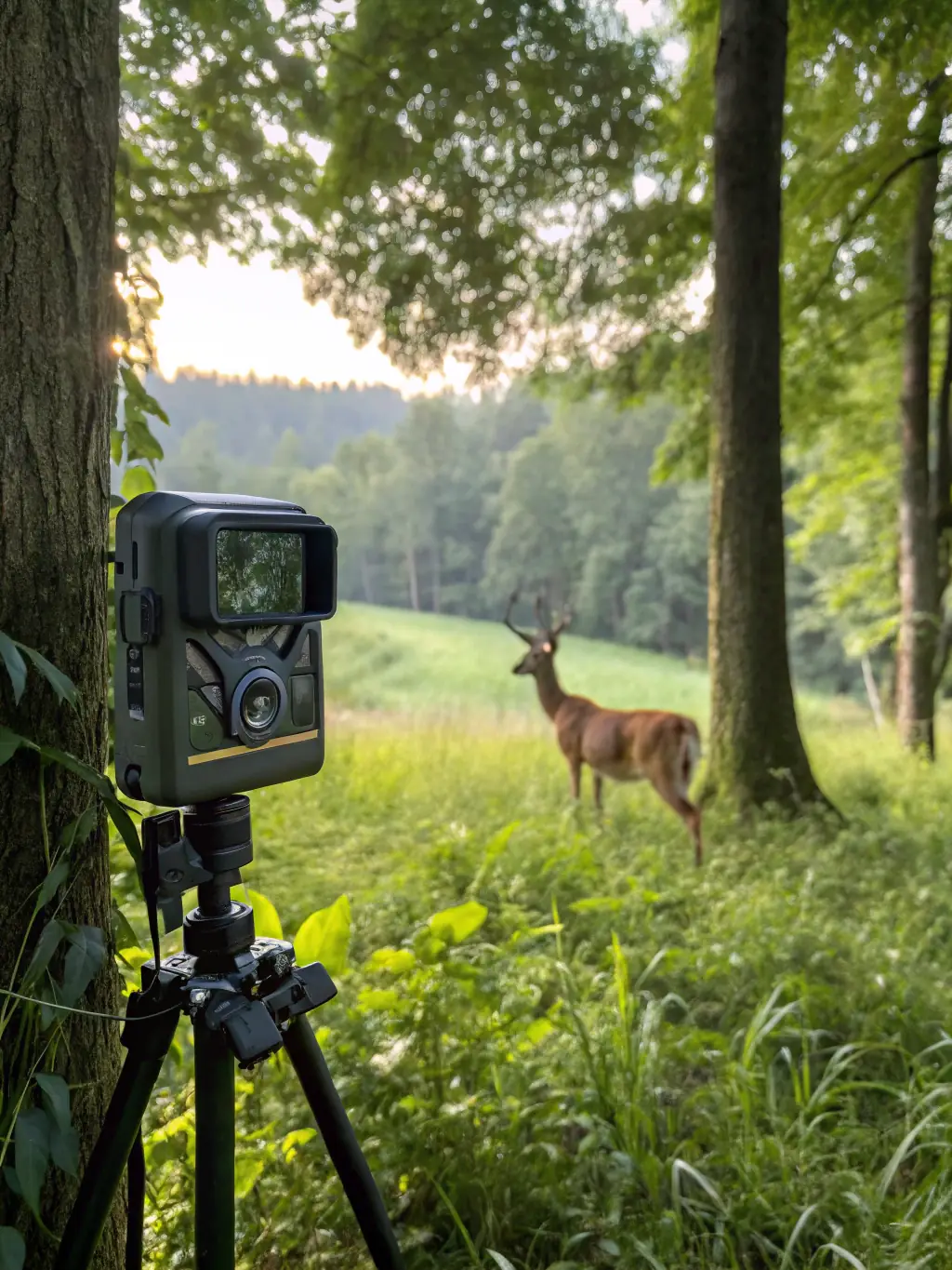 A close-up shot of a camera trap capturing images of local wildlife in their natural habitat, illustrating the use of technology in wildlife monitoring.