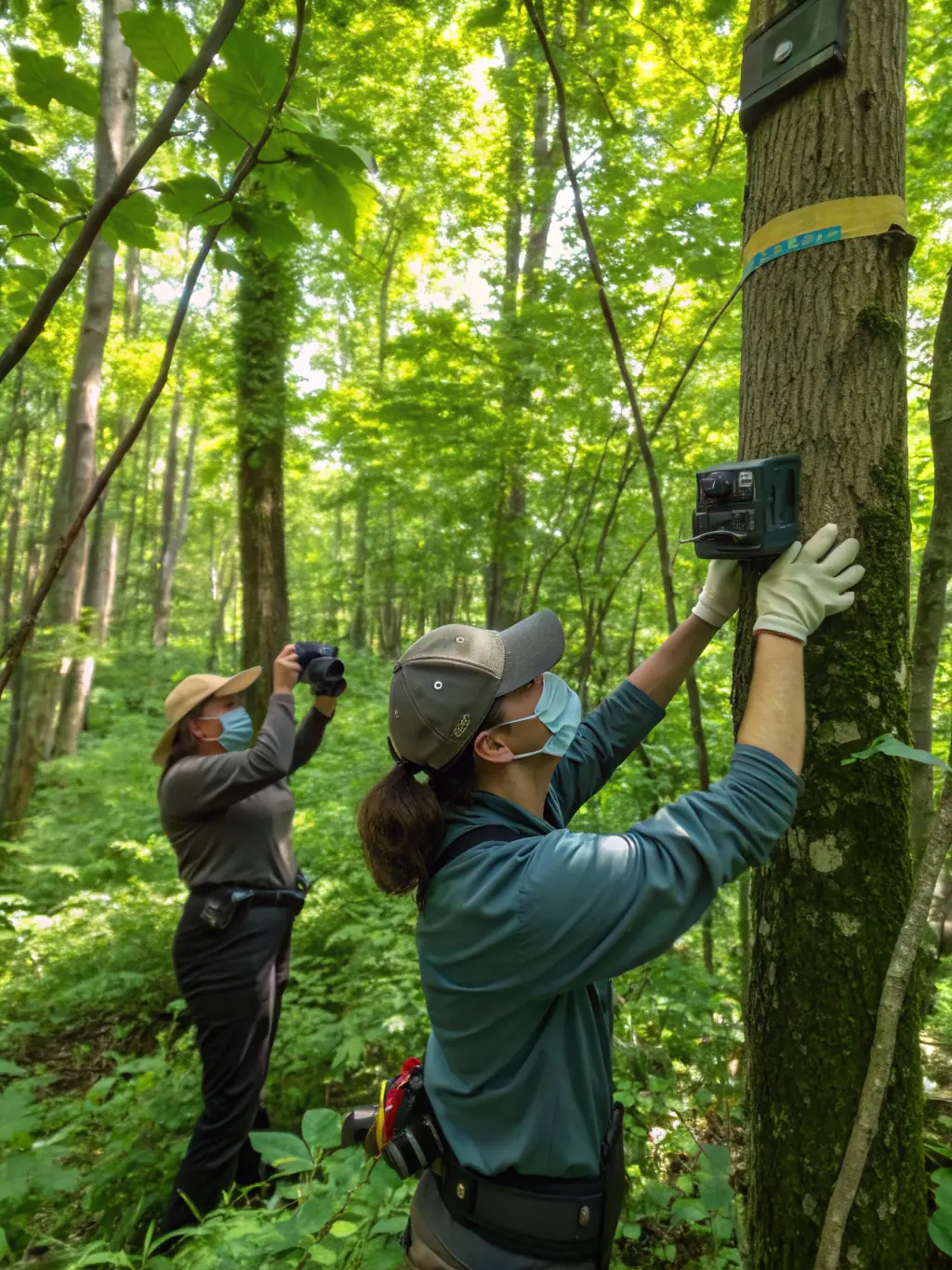 A photograph showing a wildlife monitoring team setting up camera traps in a forest, illustrating ACCA VELZIC's commitment to wildlife research and conservation.