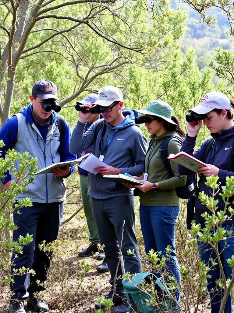 A photo of ACCA VELZIC members conducting a wildlife census in the Velzic region, using binoculars and recording data.