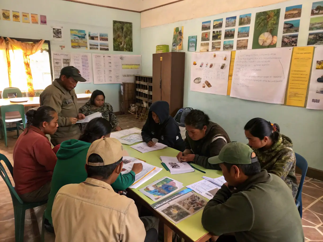 A photograph of a community education workshop, showing ACCA VELZIC members teaching local residents about wildlife conservation.