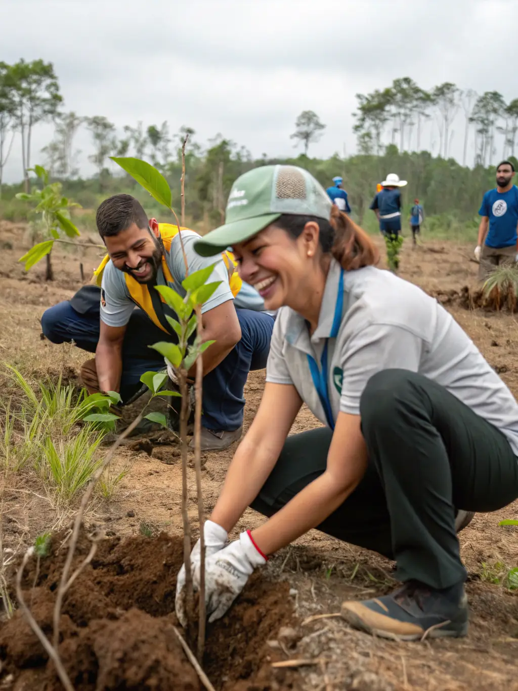 A photograph capturing a group of volunteers planting trees in a deforested area, symbolizing ACCA VELZIC's reforestation efforts and community involvement.