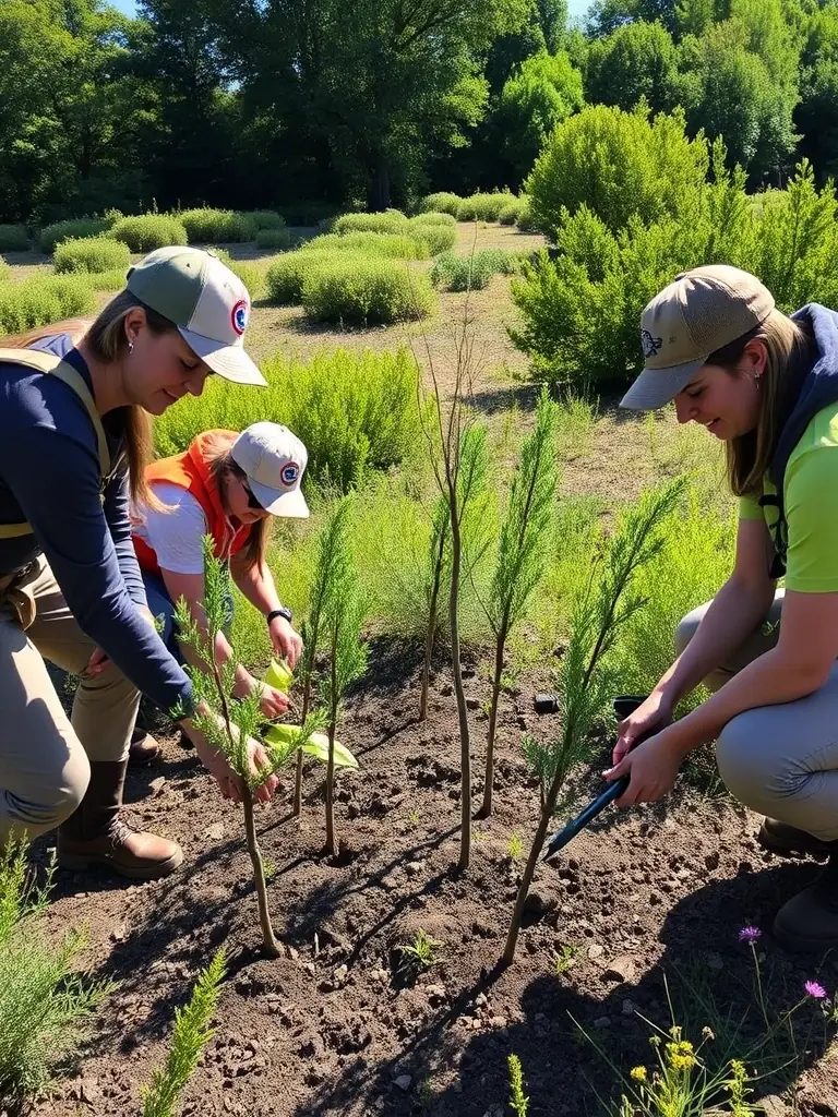 A picture of ACCA VELZIC volunteers planting native trees during a reforestation initiative in a degraded forest area.