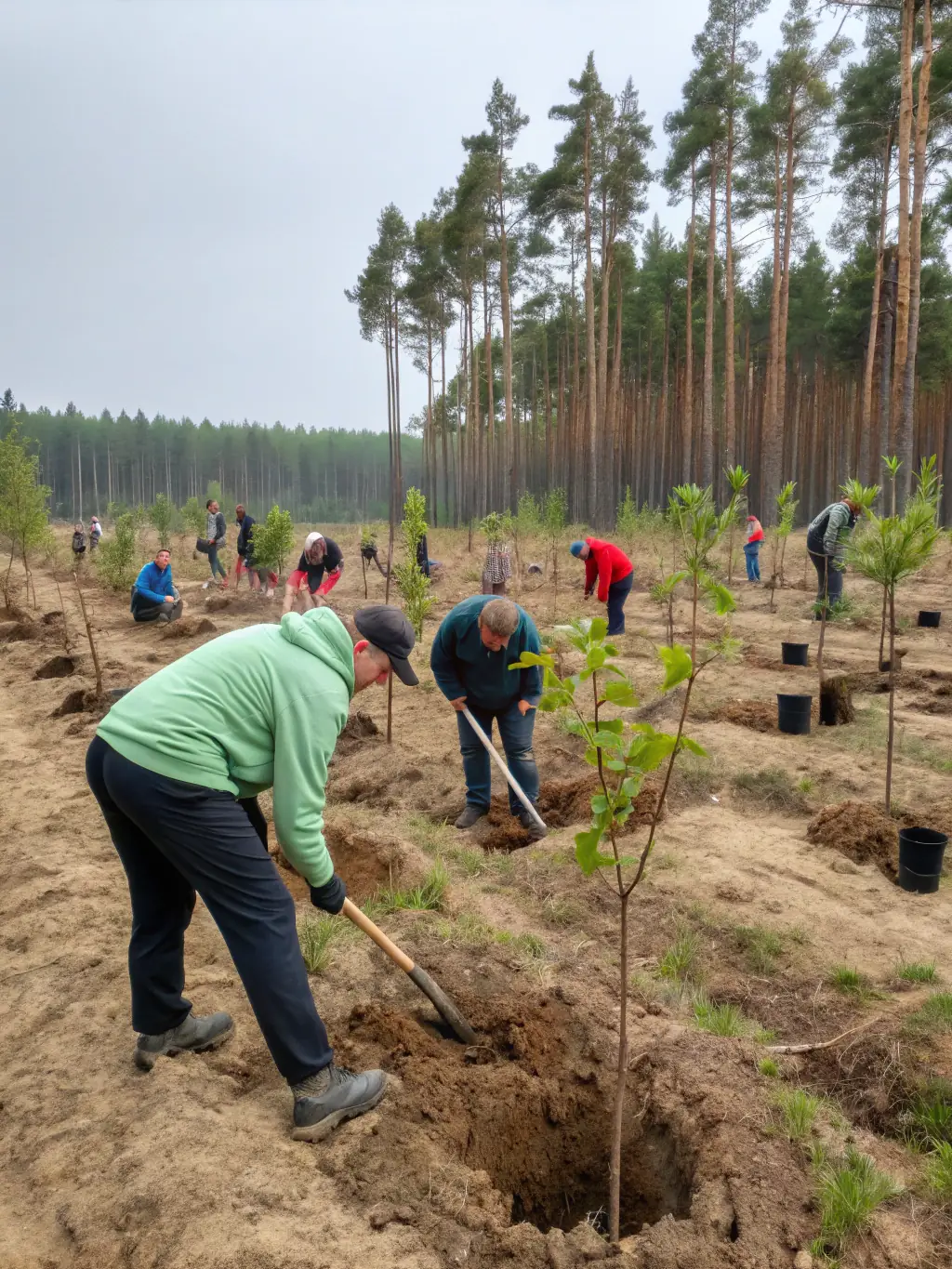 A photograph showing ACCA VELZIC volunteers planting native trees in a deforested area, with saplings and shovels visible. The image should emphasize the organization's commitment to habitat restoration and environmental stewardship.