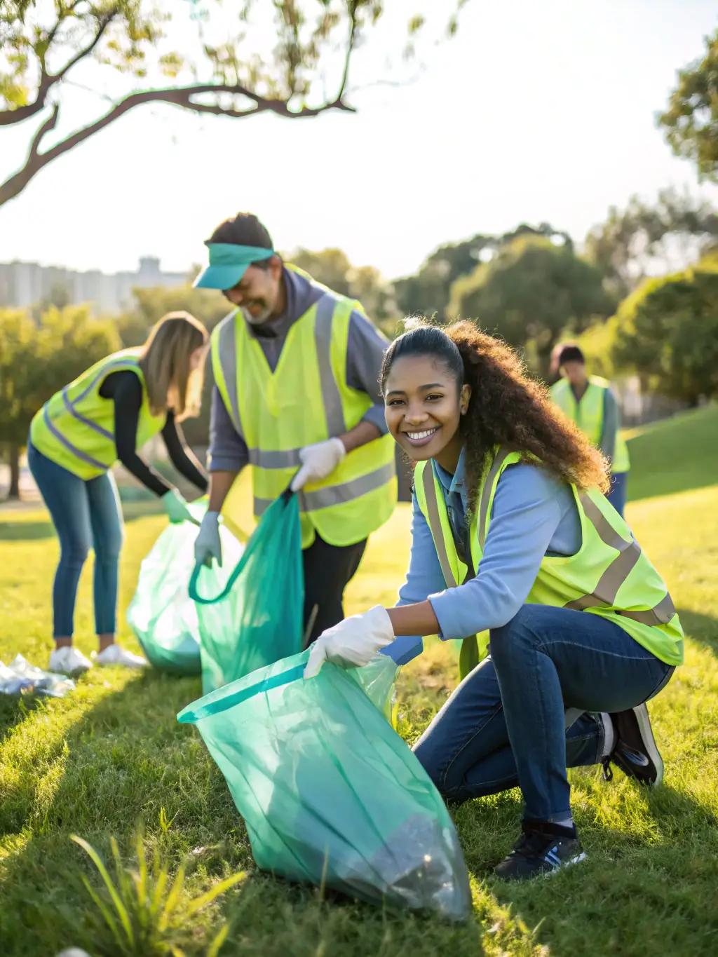 A photograph of community members participating in a clean-up event in a local park, highlighting ACCA VELZIC's commitment to environmental stewardship and community engagement.